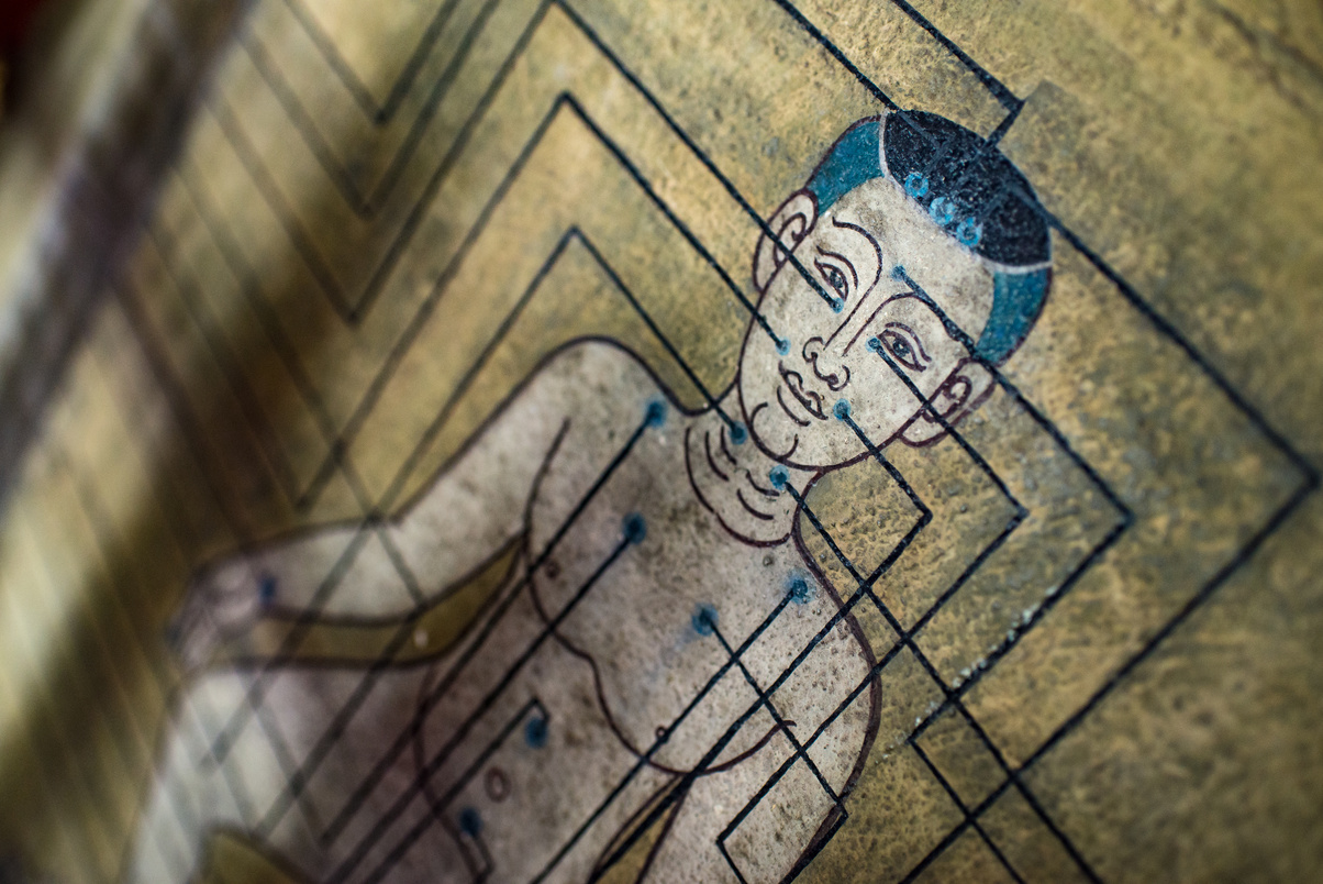 Ancient Thai wall painting depicting a chart of man's acupuncture points at an angle